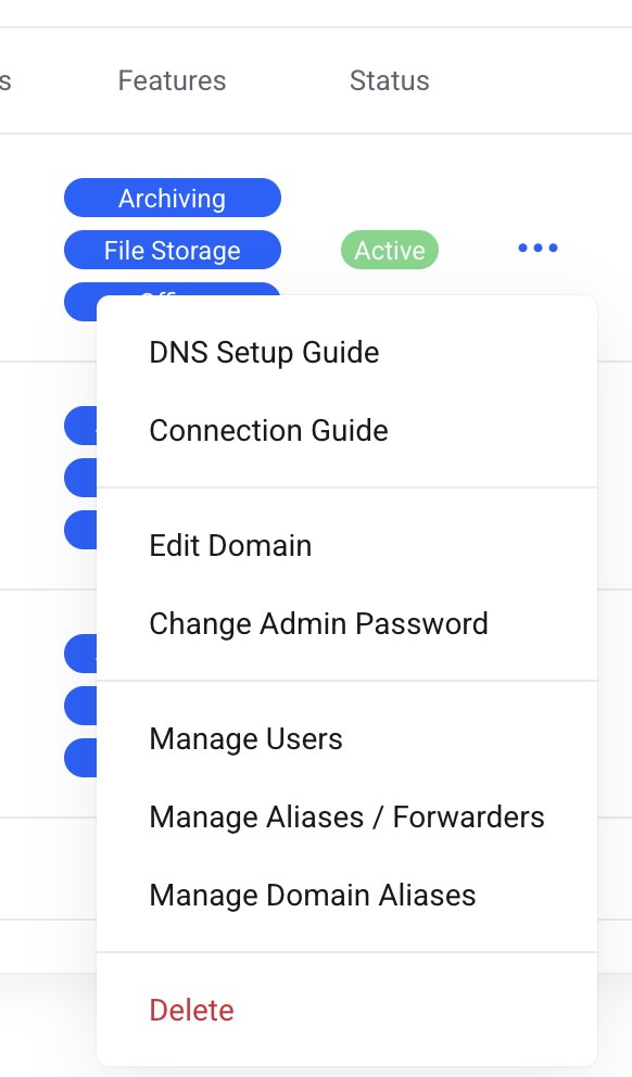 CraneMail Portal domain menu options